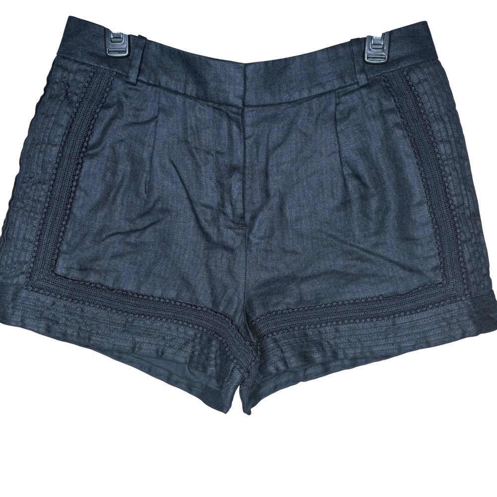 J.Crew Black Linen Crochet Lace Trim Pleated Shorts Womens Size 6